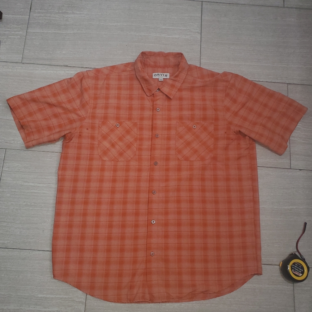 Orvis Shirt Mens XL Orange Plaid Lightweight Hiking Camping Fishing Gorp Western